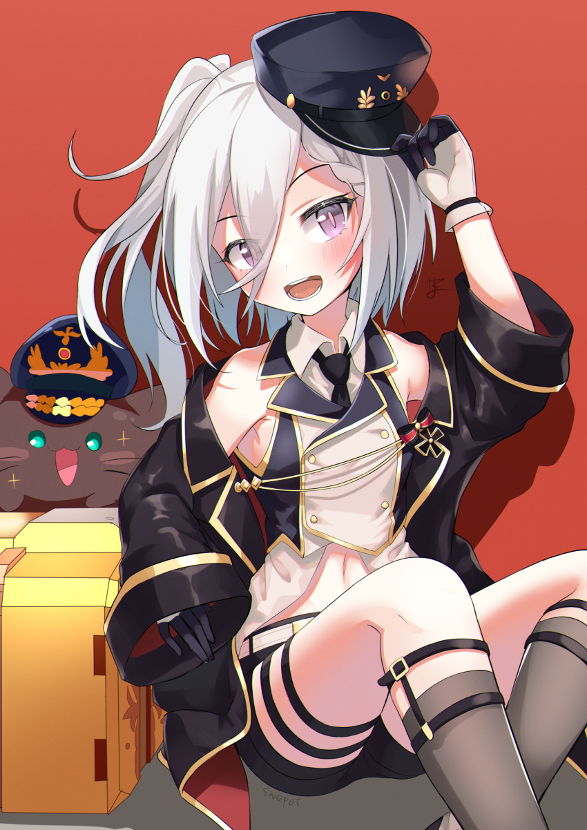 1girl :d armpits azur_lane bangs bare_shoulders belt black_gloves black_headwear black_jacket black_neckwear black_shorts blush braid buttons cat collared_shirt commentary_request crossed_bangs double-breasted drop_shadow eyebrows_visible_through_hair flat_chest gloves grey_legwear hair_between_eyes hat highres holding holding_clothes holding_hat iron_cross jacket kneehighs leg_garter long_hair long_sleeves looking_at_viewer meowfficer_(azur_lane) midriff navel necktie off_shoulder one_side_up open_mouth partial_commentary red_background retrofit_(azur_lane) shadow shirt short_shorts shorts sidelocks signature simple_background sitting sleeveless sleeveless_shirt smile solo_focus swepot tech_box_(azur_lane) teeth two-tone_gloves vest violet_eyes white_belt white_gloves white_hair white_shirt z1_leberecht_maass_(azur_lane)