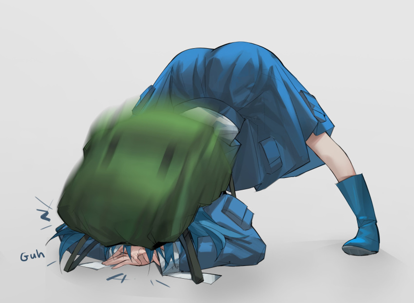 1girl absurdres aesur_a backpack bag blue_hair boots failure full_body grey_background highres jack-o'_challenge kawashiro_nitori long_hair long_sleeves motion_blur rubber_boots simple_background solo spread_legs top-down_bottom-up touhou