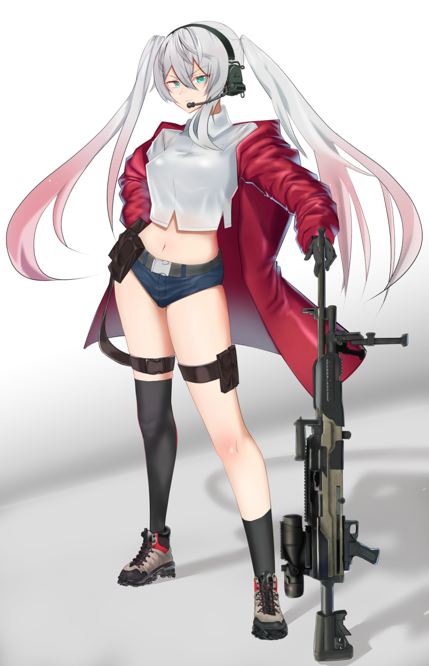 1girl aqua_eyes asymmetrical_legwear belt black_gloves black_legwear closed_mouth denim denim_shorts eyebrows_visible_through_hair girls_frontline gloves hand_on_back headphones highres holding holding_weapon jacket long_hair looking_at_viewer lwmmg_(girls_frontline) multicolored_hair open_clothes open_jacket red_jacket saturndxy shirt shoes shorts silver_hair sneakers solo standing twintails weapon white_background white_shirt