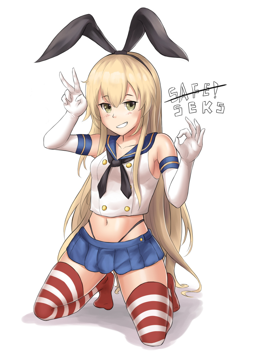 1girl absurdres black_hairband black_panties blonde_hair blue_skirt crop_top elbow_gloves gloves green_eyes hairband highleg highleg_panties highres kantai_collection long_hair miniskirt panties pleated_skirt sailor_collar school_uniform serafuku shimakaze_(kancolle) skirt solo striped striped_legwear thigh-highs thong tofu_(killer150) underwear v white_gloves