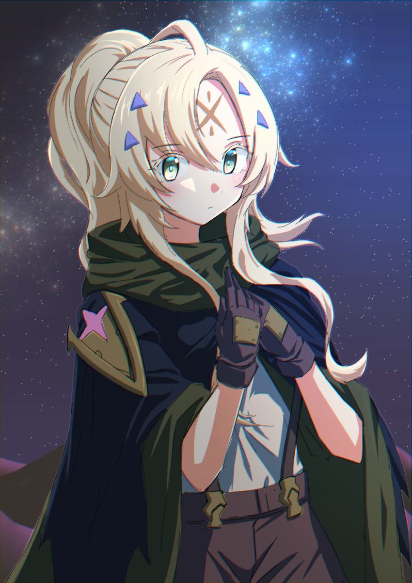 1girl absurdres blonde_hair cloak commentary dogmatika_ecclesia_the_virtuous duel_monster facial_mark forehead_mark gloves green_eyes hands_on_own_chest highres long_hair looking_at_viewer ponytail sky solo star_(sky) starry_sky suspenders yu-gi-oh!