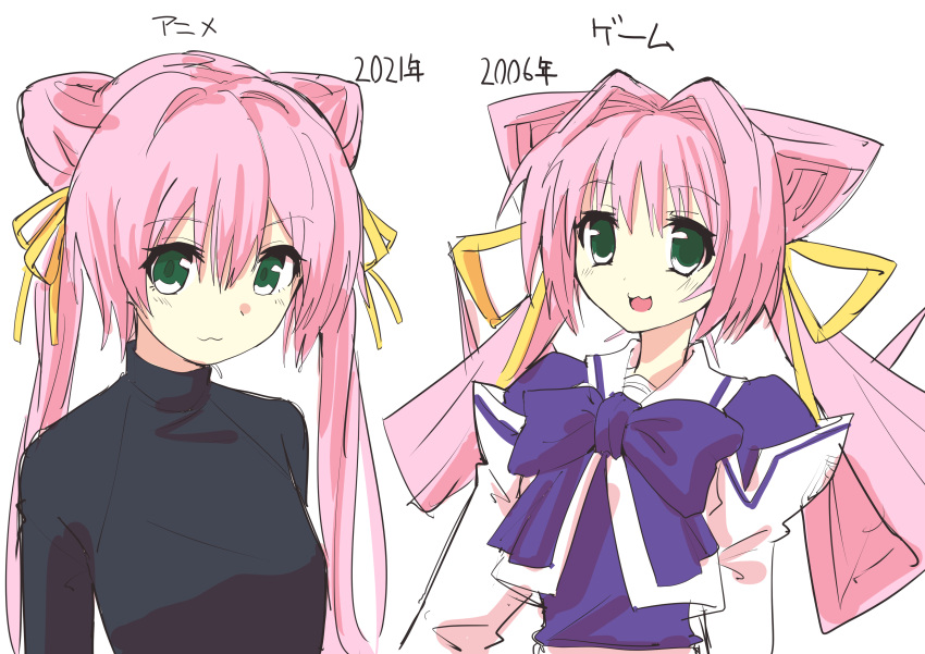 1girl :3 absurdres bangs bow double_bun green_eyes hair_ears hair_intakes highres long_hair looking_at_viewer multiple_views muvluv muvluv_alternative open_mouth pink_hair purple_bow school_uniform sketch smile tamase_miki tatuo_labo translated twintails white_background
