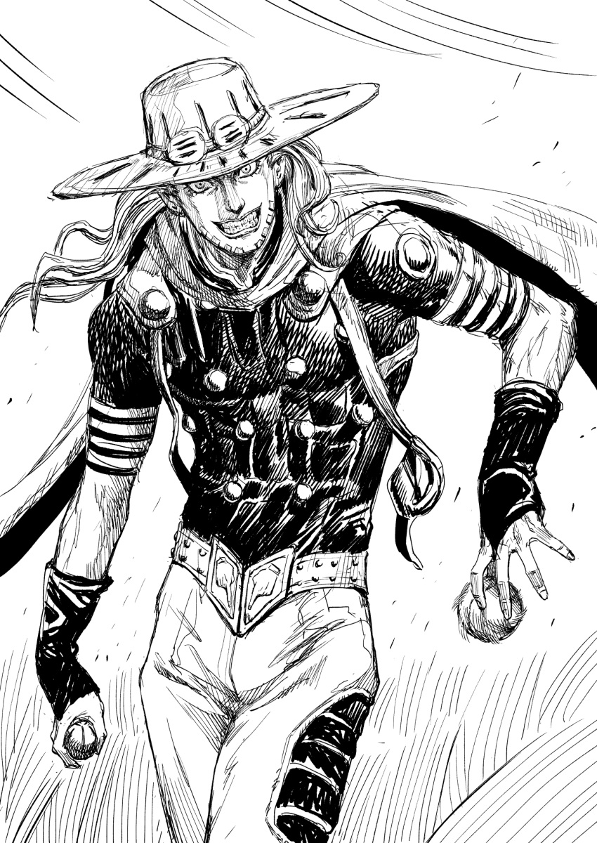 1boy ball cape facial_mark fingernails goggles goggles_on_headwear greyscale grin gyro_zeppeli hat highres holding holding_ball jojo_no_kimyou_na_bouken long_hair looking_at_viewer male_focus monochrome pants shirt smile solo standing steel_ball_run wide-eyed y_naf