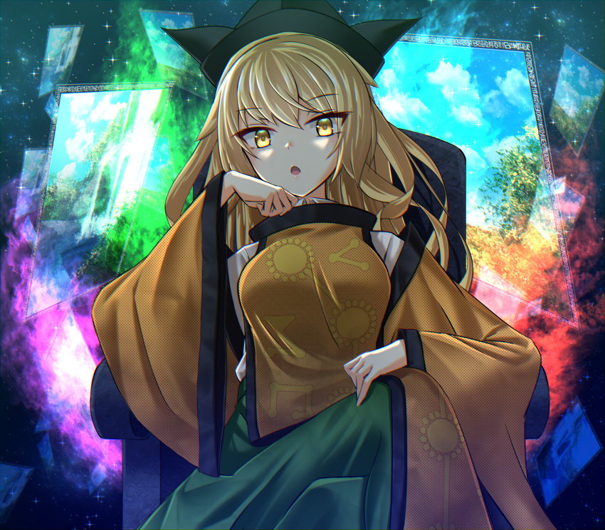 1girl absurdres aura blonde_hair breasts chair commentary constellation_print crossed_legs door eyebrows_visible_through_hair floating floating_object green_skirt hat highres huge_filesize kakutasu_(akihiron_cactus) long_hair long_sleeves looking_at_viewer matara_okina medium_breasts open_mouth shirt sitting skirt solo tabard touhou white_shirt wide_sleeves yellow_eyes