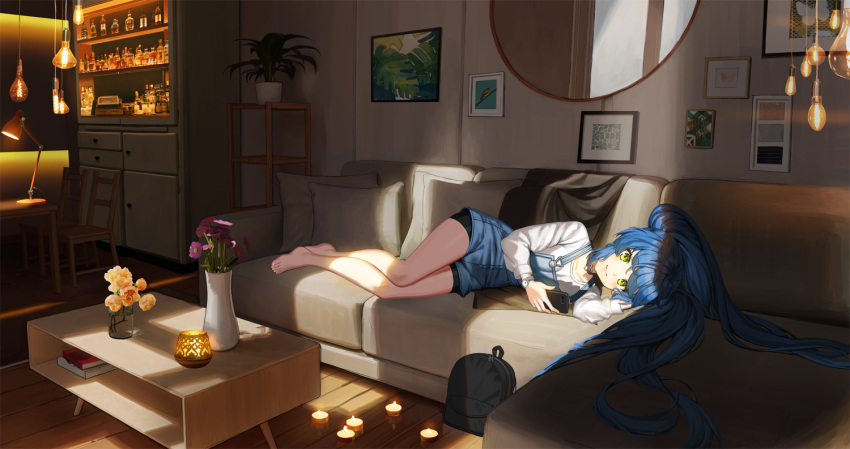 1girl backpack bag blue_hair book bottle byocho candle chair flower indoors lamp looking_at_viewer lying mirror on_side original picture_(object) scenery solo sunlight vase