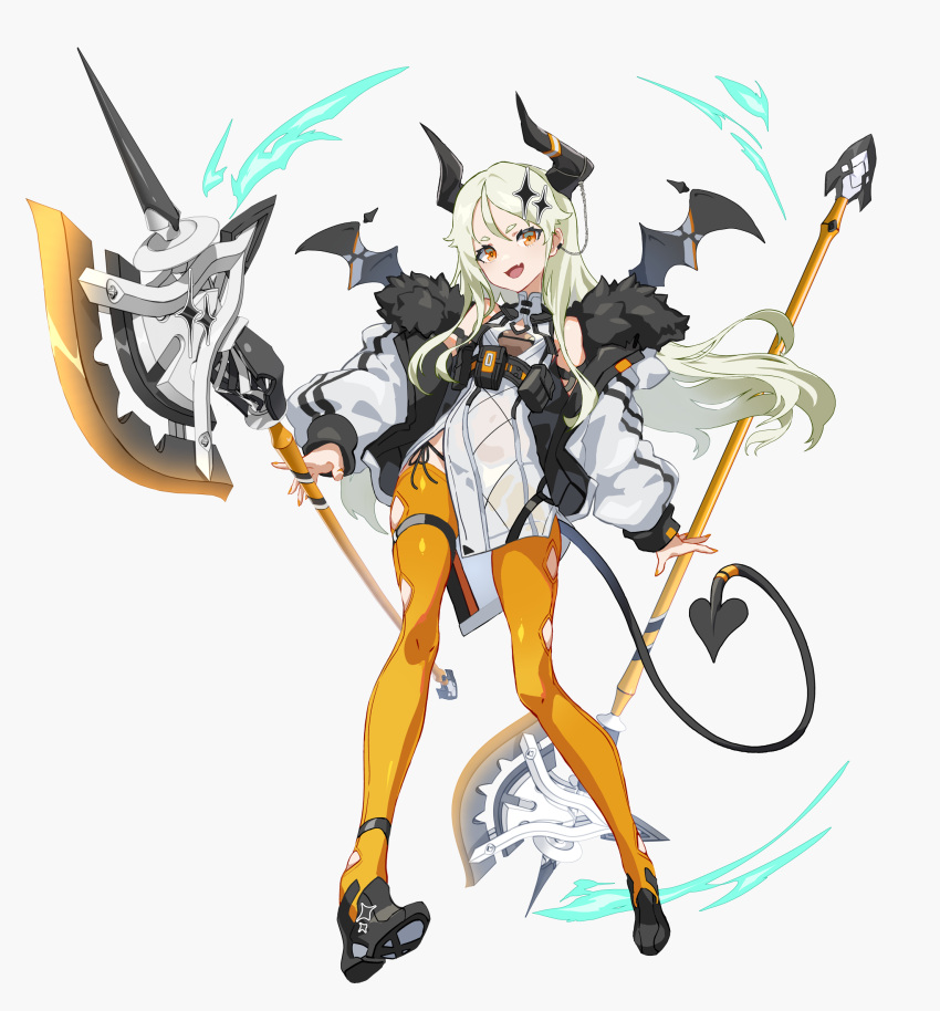 1girl axe breasts cancell demon_horns demon_tail demon_wings dual_wielding fur_collar hair_ornament highres holding horns jacket long_hair looking_at_viewer open_clothes open_jacket open_mouth orange_eyes orange_legwear original platinum_blonde_hair science_fiction side_slit skin_tight small_breasts solo tail thigh-highs white_background wings