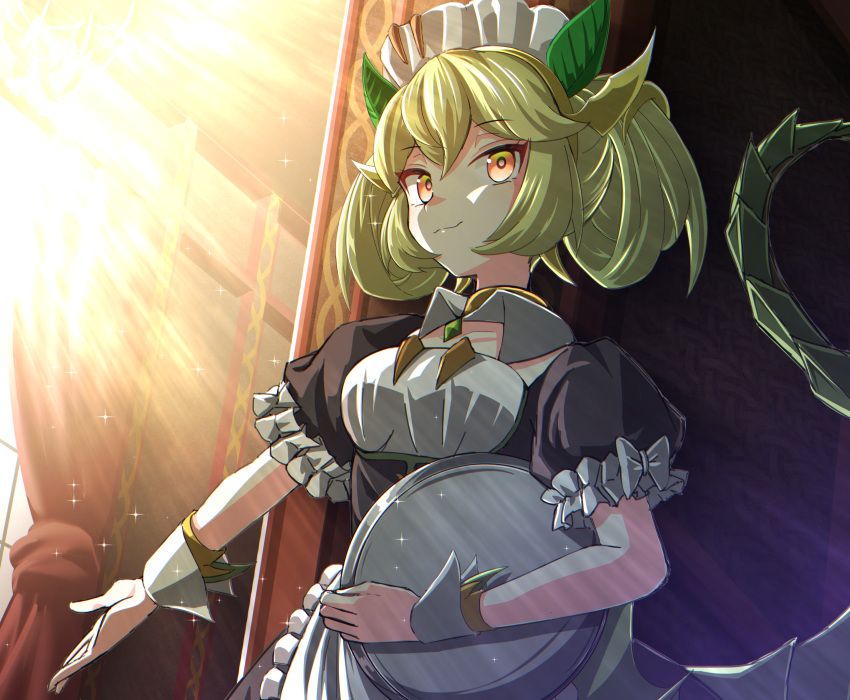 1girl absurdres bangs commentary curtains dragon_girl dragon_tail dragonmaid_parla duel_monster eyebrows_visible_through_hair hair_ribbon hair_rings highres holding holding_tray huge_filesize indoors light light_green_hair maid maid_headdress orange_eyes outstretched_arm puffy_short_sleeves puffy_sleeves ribbon short_sleeves smile solo tail tray twintails wrist_cuffs yu-gi-oh!
