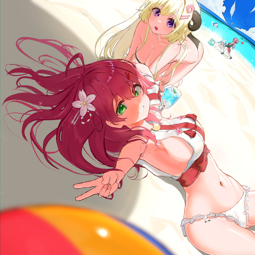 absurdres beach bikini black_bikini blonde_hair blue_hair breasts clouds drink drinking_straw frilled_bikini frills gawr_gura green_eyes green_hair hair_ornament hairclip highres hololive houshou_marine large_breasts lovelyme multiple_girls navel ocean pink_hair redhead sakura_miko silver_hair sky swimsuit tsunomaki_watame uruha_rushia usada_pekora virtual_youtuber