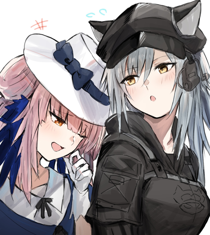 2girls :o absurdres animal_ears arknights armor black_bow black_hair black_headwear black_shirt blue_bow blue_shirt bow cat_ears ceylon_(arknights) double_bun ears_through_headwear feather_hair flying_sweatdrops gloves hat hat_bow headset highres huge_filesize implied_extra_ears looking_at_another looking_back multiple_girls official_alternate_costume one_eye_closed open_mouth orange_eyes raw_egg_lent schwarz_(arknights) schwarz_(skyline)_(arknights) shirt simple_background white_background white_gloves white_headwear yellow_eyes