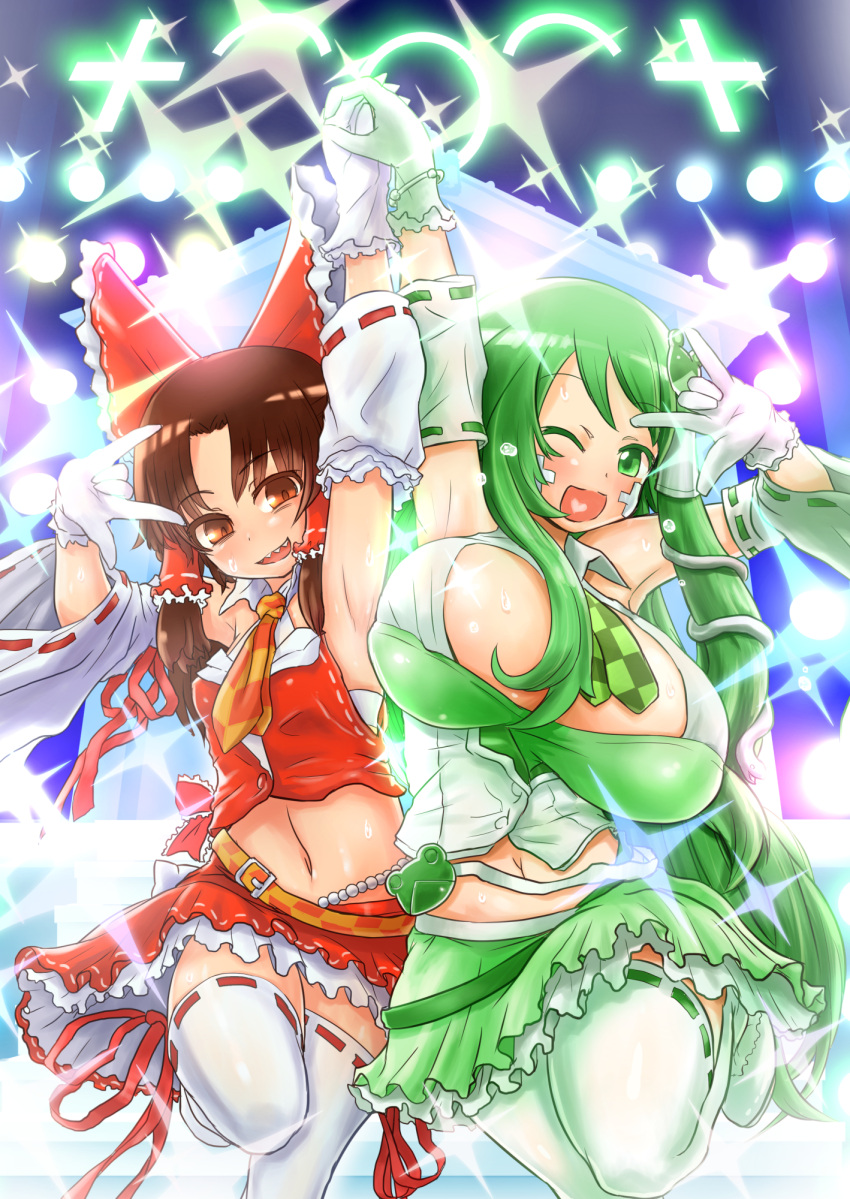 2girls \m/ adapted_costume armpits bangs benikurage_(cookie) breasts brown_eyes brown_hair checkered checkered_neckwear commentary_request cookie_(touhou) detached_sleeves eyebrows_visible_through_hair foot_out_of_frame frilled_hair_tubes frills frog_hair_ornament green_eyes green_hair green_neckwear hair_ornament hair_tubes hakurei_reimu heart heart_in_mouth highres holding_hands idol kochiya_sanae large_breasts leg_lift long_hair looking_at_viewer midriff miniskirt multiple_girls navel necktie one_eye_closed open_mouth otemoto_(baaaaloooo) parted_bangs paseri_(cookie) red_ribbon red_shirt ribbon ribbon-trimmed_legwear ribbon-trimmed_sleeves ribbon_trim sarashi sharp_teeth shirt sidelocks skirt sleeveless sleeveless_shirt small_breasts smile snake_hair_ornament sparkle symmetrical_pose teeth thigh-highs touhou v white_legwear yellow_neckwear