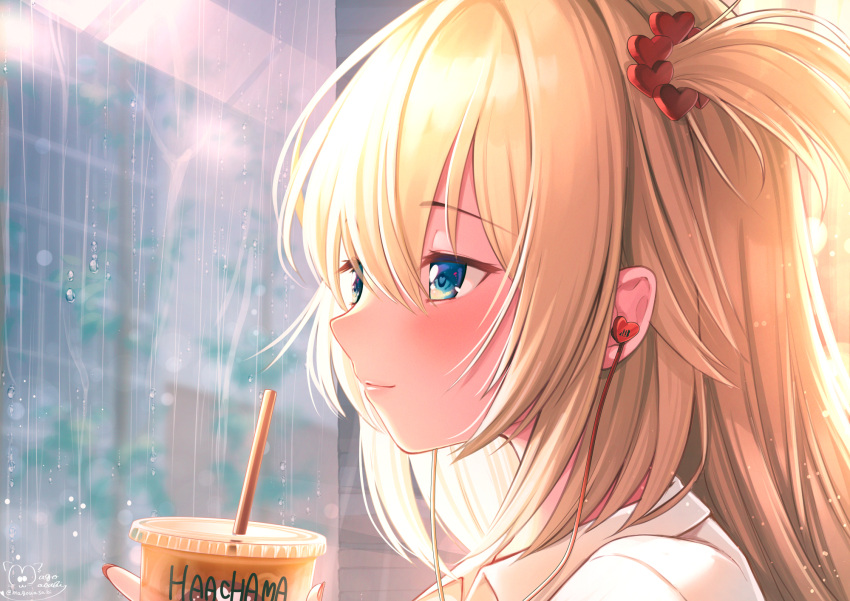 1girl akai_haato bangs blonde_hair blue_eyes blush closed_mouth collared_shirt commentary_request cup disposable_cup drinking_straw earphones eyebrows_visible_through_hair hair_between_eyes hair_ornament hand_up heart heart_hair_ornament highres holding holding_cup hololive long_hair looking_away magowasabi nail_polish one_side_up portrait rain shirt signature solo twitter_username virtual_youtuber white_shirt window