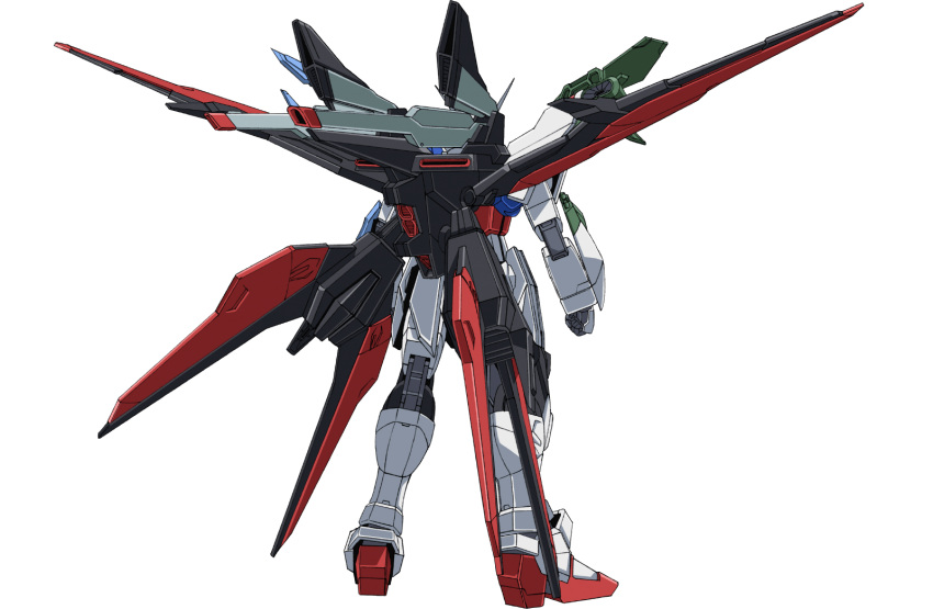 clenched_hands from_behind gundam gundam_breaker_battlogue gundam_perfect_strike_freedom highres mecha mechanical_wings mobile_suit no_humans official_art science_fiction solo standing transparent_background wings