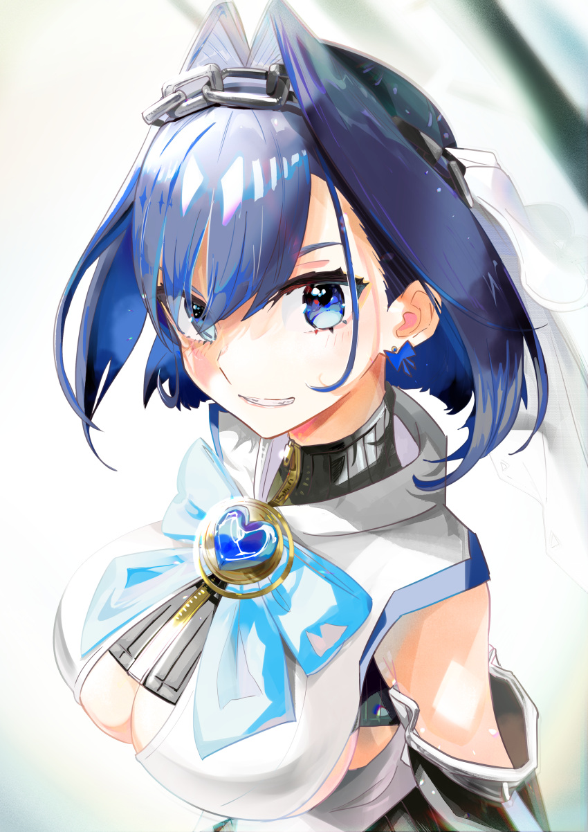 1girl absurdres blue_eyes blue_hair bow bow_earrings breasts clothing_cutout earrings highres holocouncil hololive hololive_english iris_(tb33064667) jewelry large_breasts ouro_kronii ribbon_earrings solo underboob_cutout virtual_youtuber