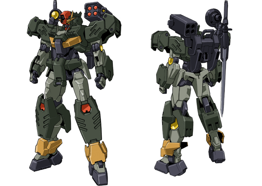 clenched_hands command_qan[t] gundam gundam_breaker_battlogue highres holstered_weapon mecha missile_pod mobile_suit no_humans official_art science_fiction standing sword transparent_background v-fin weapon yellow_eyes