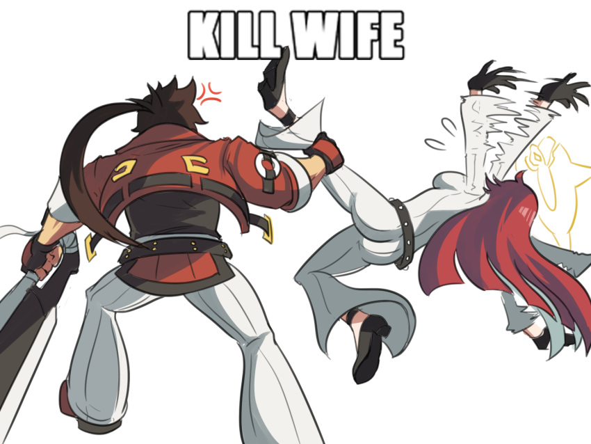 1boy 1girl anger_vein ass black_gloves bodysuit breasts brown_hair couple emphasis_lines fingerless_gloves gloves guilty_gear guilty_gear_strive halo headband highres husband_and_wife jack-o'_valentine leg_grab long_hair medium_breasts meme multicolored_hair muscular muscular_male ponytail red_eyes redhead sideboob smile sol_badguy spiky_hair throwing tina_fate two-tone_hair white_hair