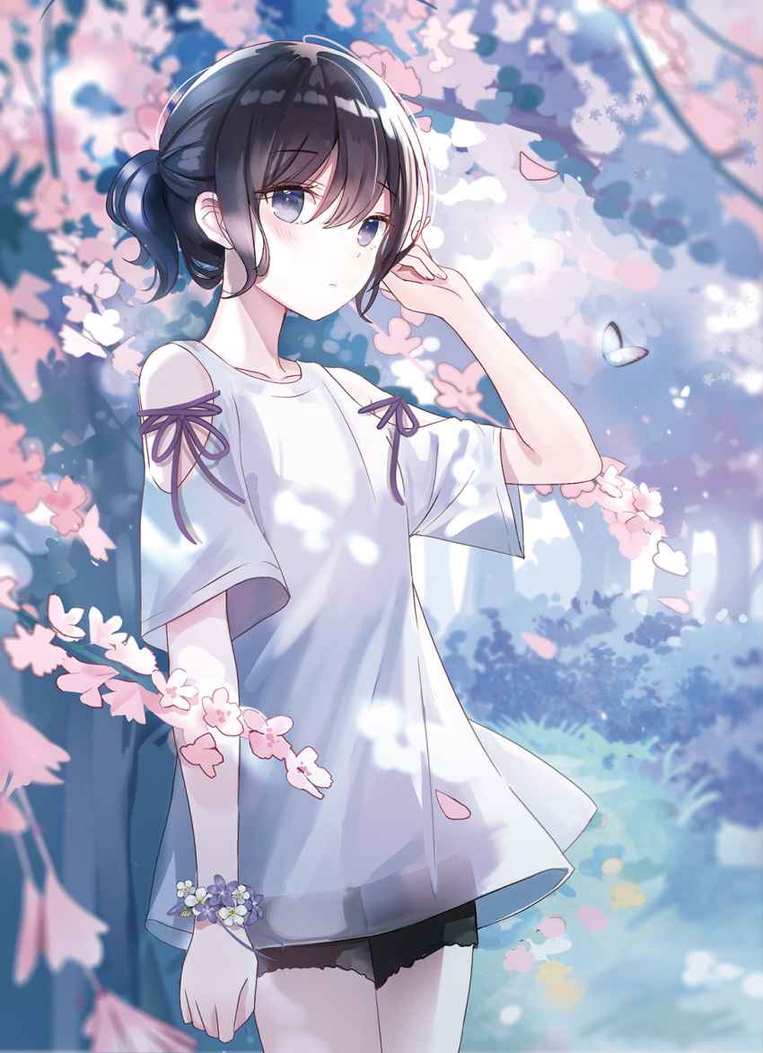 1girl animal bangs bare_shoulders black_hair black_shorts blue_eyes blush bug butterfly closed_mouth clothing_cutout collarbone commentary_request day eyebrows_visible_through_hair flower hair_between_eyes hand_up highres insect iren_lovel official_art original outdoors petals pink_flower ponytail see-through shirt short_shorts short_sleeves shorts shoulder_cutout solo tree white_shirt