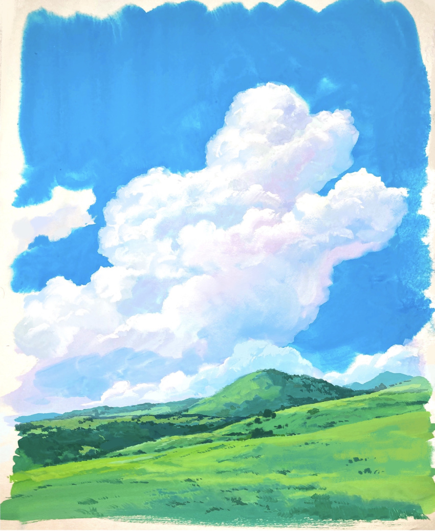 absurdres cumulonimbus_cloud field grass highres hill no_humans original outdoors painting_(medium) sawitou_mizuki scan scenery traditional_media