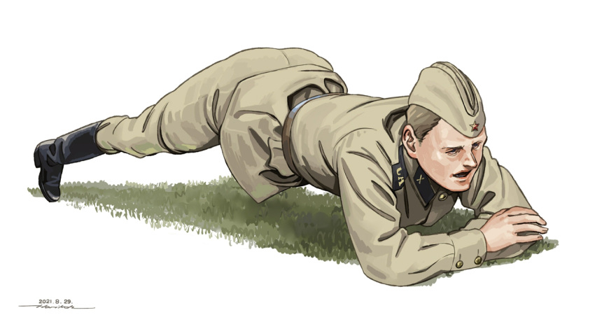1boy belt black_footwear boots brown_belt brown_hair commentary english_commentary grass hat horikou jack-o'_challenge long_sleeves male_focus military military_hat military_uniform open_mouth original real_life sanpaku short_hair simple_background soldier solo soviet_army top-down_bottom-up uniform very_short_hair white_background