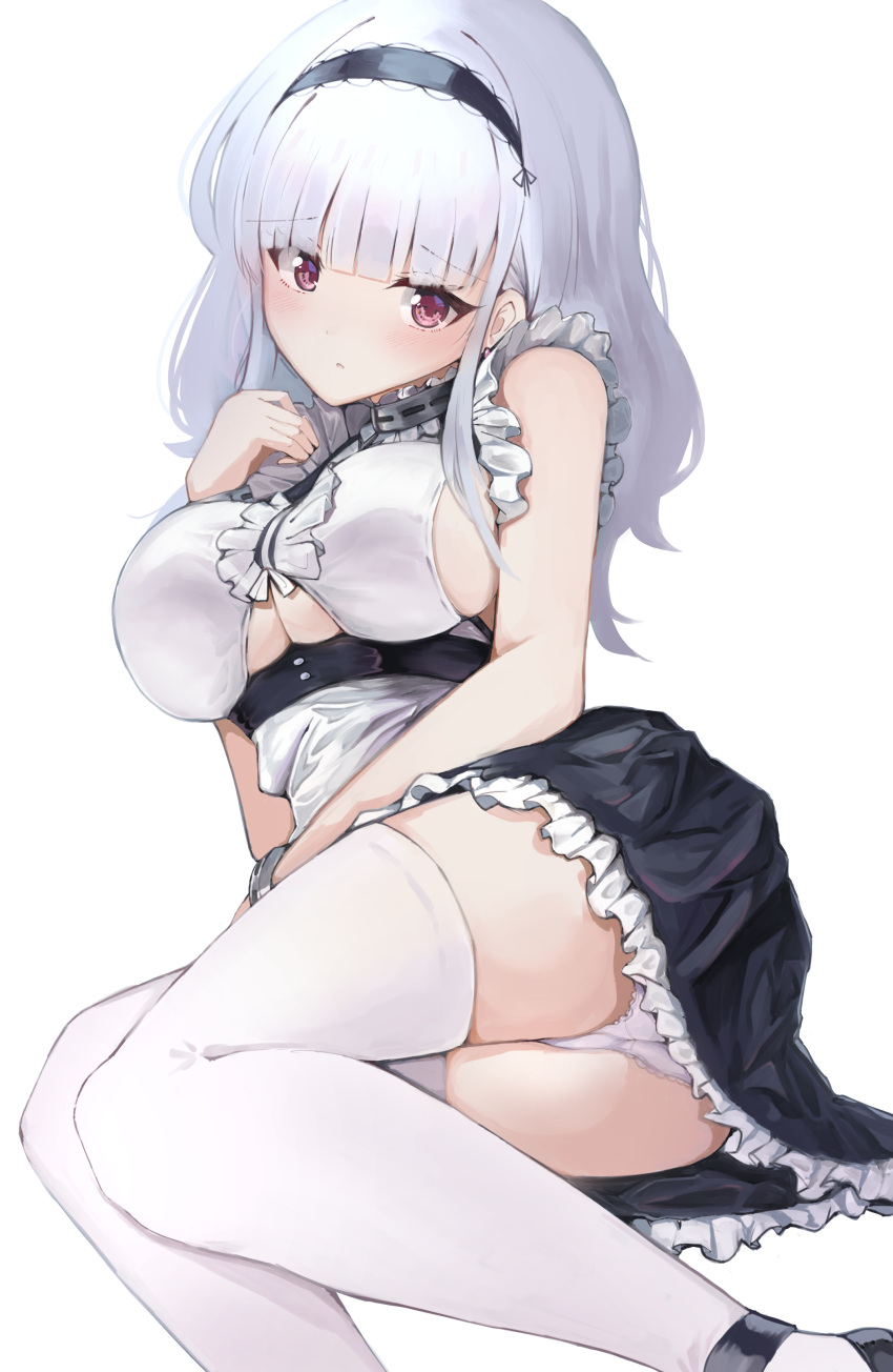 1girl absurdres azur_lane bangs black_footwear black_hairband black_shorts black_skirt blunt_bangs blush bracelet breasts center_frills choker closed_mouth clothing_cutout commentary_request crotch_seam dido_(azur_lane) eyebrows_visible_through_hair frilled_choker frilled_shirt_collar frilled_skirt frills hairband highres jewelry lace-trimmed_panties lace_trim large_breasts light_frown long_hair long_sleeves looking_at_viewer lying miniskirt misonikomi on_side panties pantyshot shirt shoes shorts silver_hair simple_background skirt sleeveless sleeveless_shirt solo thigh-highs under_boob underboob_cutout underwear violet_eyes white_background white_legwear white_panties white_shirt