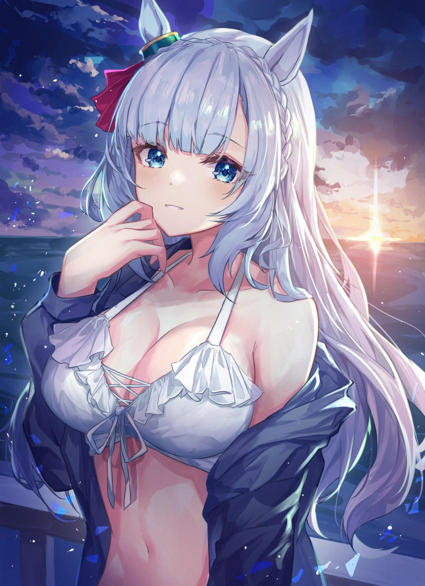 beach bikini blue_eyes bra braid breasts clouds cloudy_sky frilled_bikini frilled_bra frills hair_ornament highres horse_tail image_sample large_breasts light_blue_hair long_hair mejiro_ardan_(umamusume) navel ocean ribbon shino_sto sky smile sun swimsuit tail twitter_sample umamusume underwear