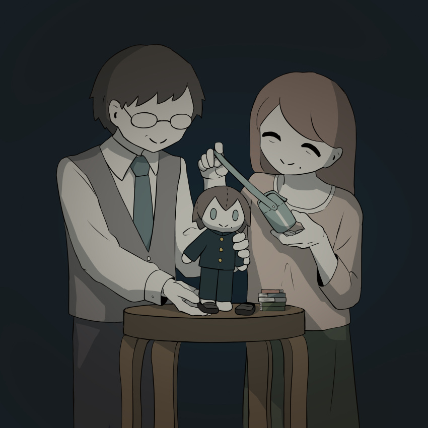 1girl 2boys absurdres age_progression avogado6 blue_neckwear brown_hair closed_eyes commentary_request desk doll dressing_another family gakuran glasses green_skirt grey_vest highres long_sleeves mole mole_under_mouth multiple_boys necktie opaque_glasses original school_uniform shirt skirt smile symbolism vest white_shirt wrinkled_skin