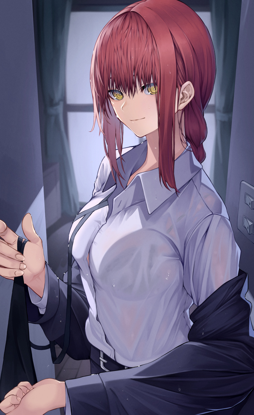 1girl absurdres black_jacket black_suit braid braided_ponytail breasts brown_hair business_suit chainsaw_man collared_shirt formal high-waist_pants highres jacket kugatunohito long_hair long_sleeves makima_(chainsaw_man) medium_breasts off_shoulder office_lady ringed_eyes shirt shirt_tucked_in smile solo suit wet wet_clothes white_shirt yellow_eyes