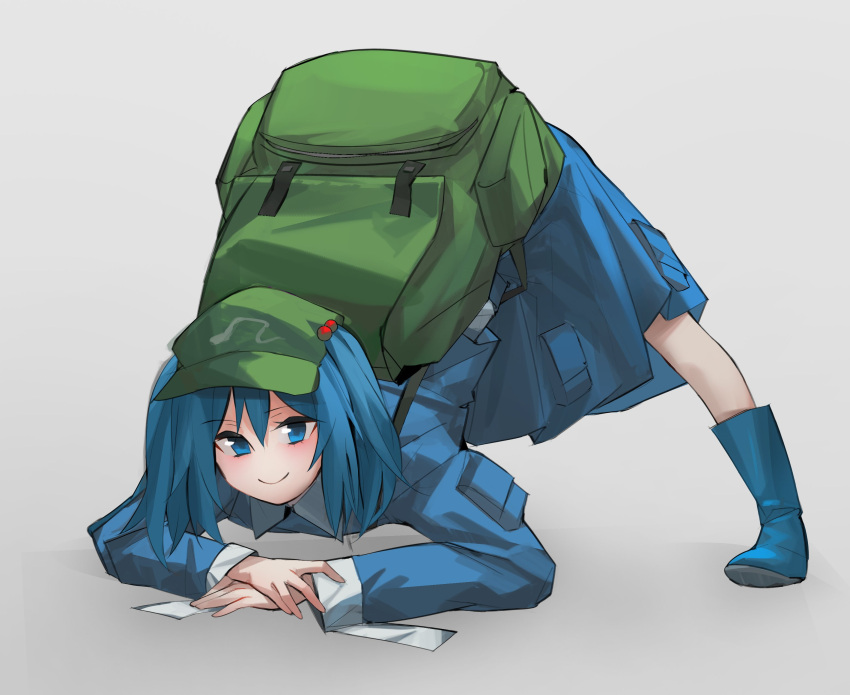 1girl absurdres aesur_a backpack bag baseball_cap blue_eyes blue_hair blush boots full_body grey_background hair_bobbles hair_ornament hat highres jack-o'_challenge kawashiro_nitori long_hair long_sleeves looking_at_viewer rubber_boots simple_background smile solo spread_legs top-down_bottom-up touhou twintails
