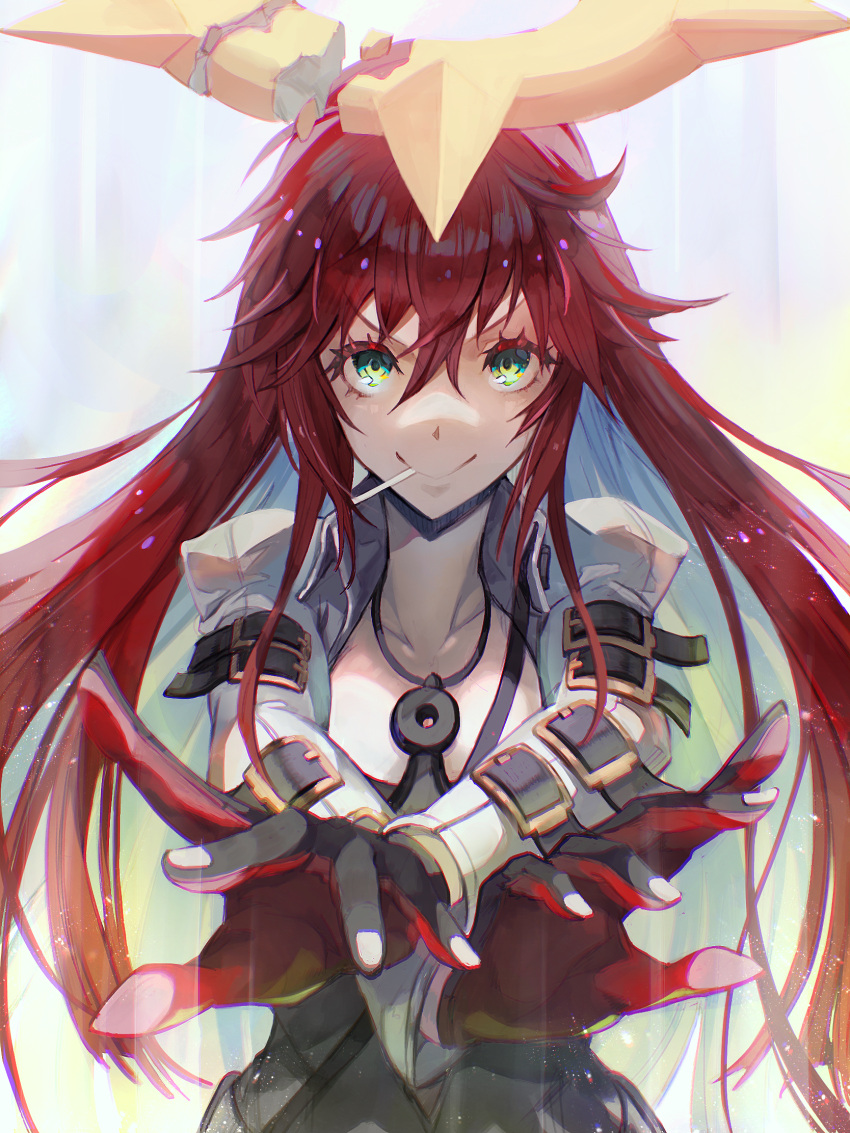 ankh ankh_necklace aria_(guilty_gear) belt_buckle bodysuit broken_halo buckle green_eyes guilty_gear guilty_gear_strive hair_between_eyes halo highres jack-o'_valentine long_hair looking_at_viewer pos_(shiratama-ya) white_bodysuit