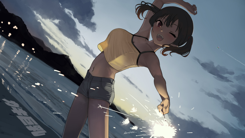 1girl ;d arm_up black_hair breasts camisole clouds dawn grey_shorts highres kaedeko_(kaedelic) large_breasts looking_at_viewer midriff navel ocean one_eye_closed open_mouth original outdoors red_eyes saki_sasaki_(kaedeko) short_hair shorts sky smile solo standing teeth twintails upper_teeth yellow_camisole