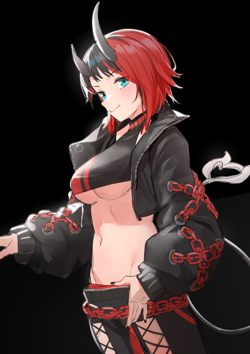 1girl absurdres black_background black_hair black_jacket black_pants black_shirt blue_eyes breasts chain closed_mouth cowboy_shot crop_top cropped_jacket demon_girl demon_horns demon_tail highres horns jacket large_breasts long_sleeves looking_at_viewer midriff mr.lime multicolored_hair navel open_clothes open_jacket pants puffy_sleeves redhead ryugasaki_rene shirt short_hair sleeveless sleeveless_shirt solo stomach sugar_lyric tail two-tone_hair under_boob virtual_youtuber
