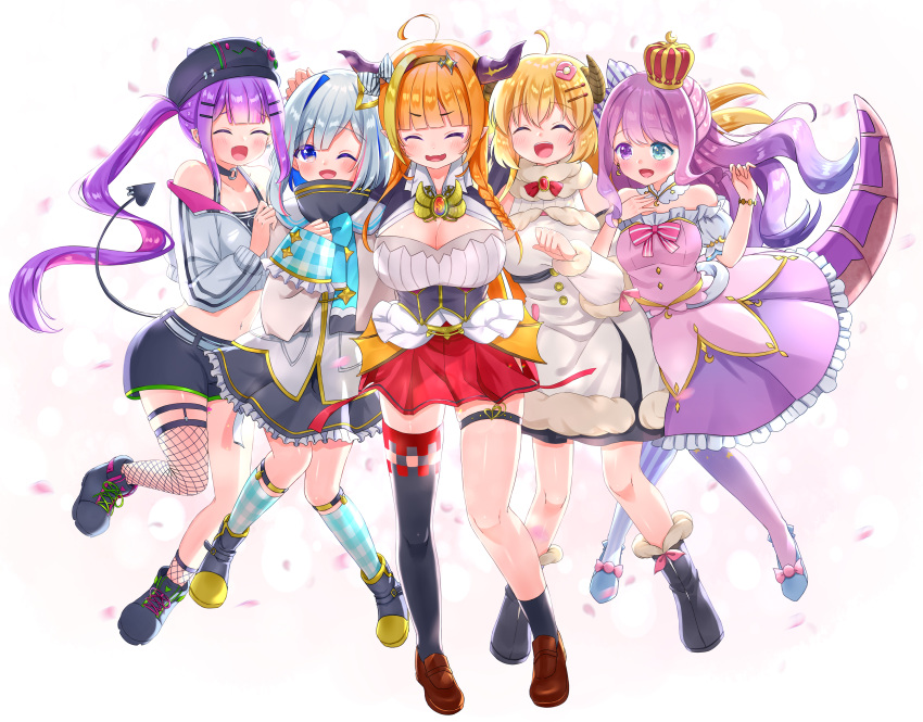 5girls amane_kanata blonde_hair demon_tail dragon_girl dragon_horns everyone full_body group_hug highres himemori_luna holoforce hololive horns hug kiryu_coco multiple_girls nashi_rin orange_hair pink_hair princess purple_hair sheep_girl sheep_horns silver_hair tail tokoyami_towa tsunomaki_watame virtual_youtuber