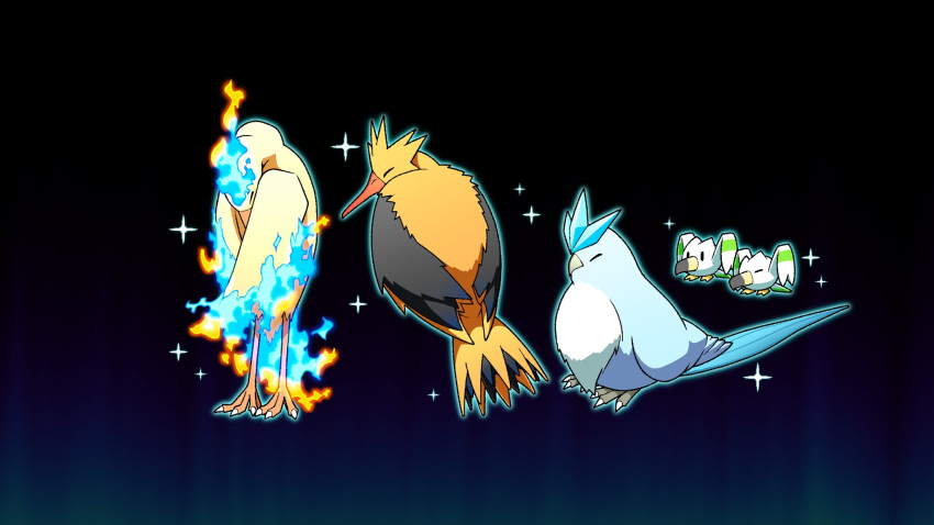 alternate_color articuno closed_eyes closed_mouth commentary_request gen_1_pokemon gen_3_pokemon glowing highres komepan legendary_pokemon moltres no_humans pokemon pokemon_(creature) shiny_pokemon sparkle wingull zapdos