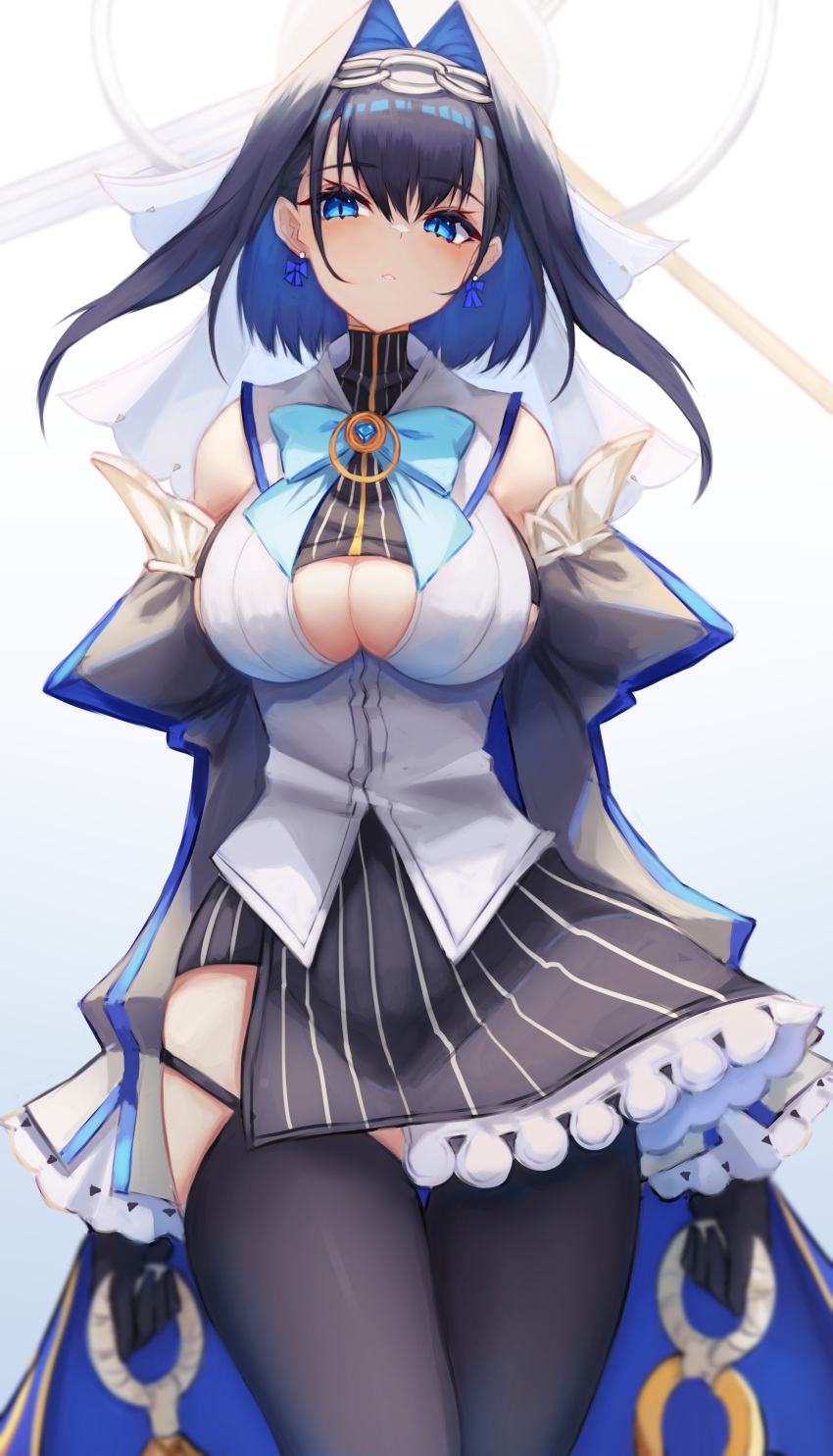 1girl absurdres black_gloves blue_eyes blue_hair bow bow_earrings breasts cape center_opening detached_sleeves dual_wielding earrings gloves highres holding hololive hololive_english inre_kemomimi jewelry large_breasts ouro_kronii skirt striped striped_skirt thigh-highs virtual_youtuber