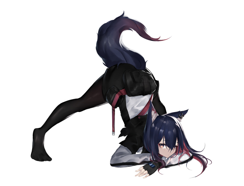1girl absurdres animal_ear_fluff animal_ears arknights arm_rest ass black_hair black_legwear fingerless_gloves flexible fukuro_eito full_body gloves guilty_gear guilty_gear_strive hands_on_ground highres jack-o'_challenge jack-o'_valentine jacket long_hair meme multicolored_hair pantyhose pose redhead simple_background solo spread_legs streaked_hair stretch tail texas_(arknights) top-down_bottom-up white_background white_jacket wide_spread_legs wolf_ears wolf_girl wolf_tail yellow_eyes