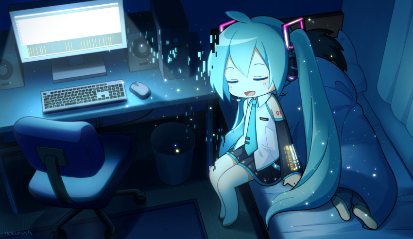 1boy 1girl aqua_hair aqua_neckwear bangs bare_shoulders bed bedroom black_skirt black_sleeves blanket blush chair closed_eyes collared_shirt commentary_request computer detached_sleeves eyebrows_visible_through_hair full_body hair_between_eyes hair_ornament hatsune_miku hatsune_miku_(vocaloid4) headset indoors keyboard_(computer) long_hair master_(vocaloid) mouse_(computer) music necktie night nokuhashi number_tattoo on_bed open_mouth pleated_skirt shadow shirt shoulder_tattoo singing sitting sitting_on_bed skirt sleeping sleeveless sleeveless_shirt smile solo_focus speaker table tattoo trash_can twintails very_long_hair vocaloid white_shirt