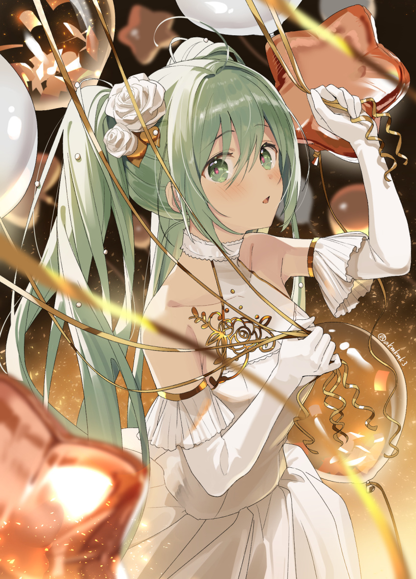 1girl :o ahoge arm_up balloon bangs bare_shoulders blush collarbone commentary_request cowboy_shot dress elbow_gloves eyebrows_visible_through_hair flower gloves gradient gradient_background green_eyes green_hair hair_flower hair_ornament hatsune_miku highres holding holding_balloon long_hair parted_lips rokcha rose signature solo star_balloon twintails twitter_username vocaloid white_dress white_flower white_gloves white_rose yellow_background