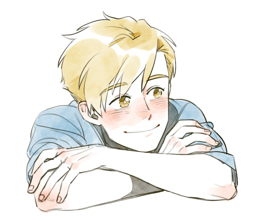 1013_1014rt 1boy alphonse_elric bangs blonde_hair blue_shirt blush closed_mouth cropped_shoulders crossed_arms elbow_blush eyebrows_visible_through_hair eyes_visible_through_hair facing_viewer fingernails fullmetal_alchemist hands_on_own_arms happy highres light_blush looking_to_the_side male_focus nose_blush pale_skin shirt simple_background sleeves_rolled_up smile swept_bangs tareme upper_body white_background yellow_eyes