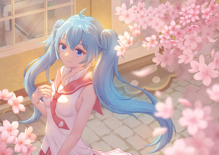 1girl 843830075 absurdres aqua_eyes aqua_hair bangs breasts brick_floor cherry_blossoms closed_mouth cowlick hatsune_miku highres huge_filesize long_hair necktie red_neckwear sleeveless solo standing very_long_hair vocaloid window