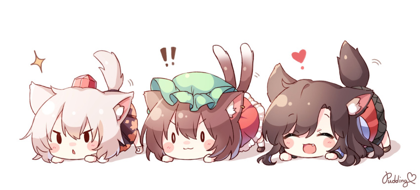 ! !! 3girls animal_ears artist_name autumn_leaves bangs black_eyes black_skirt blouse blush boots brown_eyes brown_footwear brown_hair cat_ears cat_tail chen closed_eyes closed_mouth dress earrings eyebrows_visible_through_hair green_headwear hair_between_eyes hat heart highres imaizumi_kagerou inubashiri_momiji jewelry leaf leaf_print long_hair long_sleeves looking_to_the_side mob_cap multiple_girls multiple_tails open_mouth pudding_(skymint_028) red_dress red_headwear red_heart red_skirt shadow shirt shoes short_hair simple_background single_earring skirt smile socks star_(symbol) tail teeth tokin_hat tongue touhou two_tails white_background white_blouse white_footwear white_hair white_legwear white_shirt white_sleeves wide_sleeves wolf_ears wolf_tail