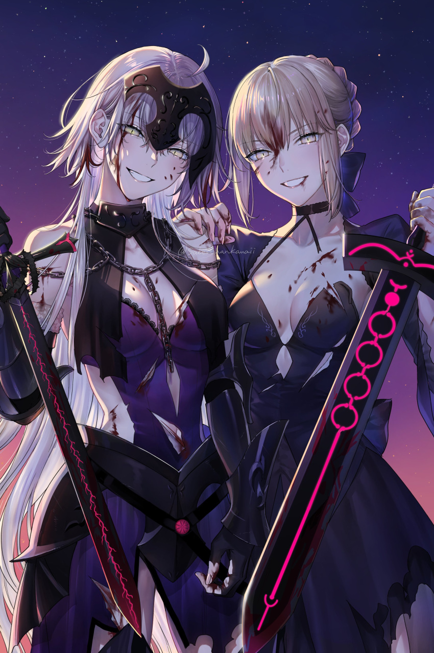 2girls absurdres ahoge artoria_pendragon_(fate) bangs blonde_hair blood blood_on_chest blood_on_clothes blood_on_face braid breasts dress excalibur_morgan_(fate) fate/grand_order fate_(series) french_braid hair_ornament hand_on_another's_shoulder highres holding holding_sword holding_weapon jeanne_d'arc_(alter)_(fate) jeanne_d'arc_(fate)_(all) long_hair looking_at_viewer medium_breasts multiple_girls nipi27 reverse_grip saber_alter short_hair silver_hair smile sword torn_clothes weapon yellow_eyes