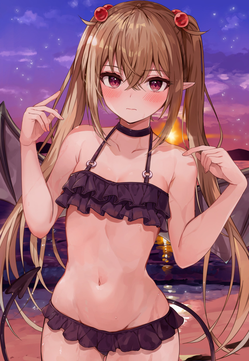 1girl absurdres bare_arms bare_shoulders beach bikini black_bikini black_choker blush brown_hair brown_wings choker closed_mouth commentary_request cowboy_shot demon_girl demon_tail demon_wings frilled_bikini frills groin hair_bobbles hair_ornament hands_up highres long_hair navel o-ring o-ring_bikini o-ring_top original outdoors pointy_ears racchi. red_eyes sand solo sunset swimsuit tail twintails very_long_hair water wavy_mouth wings