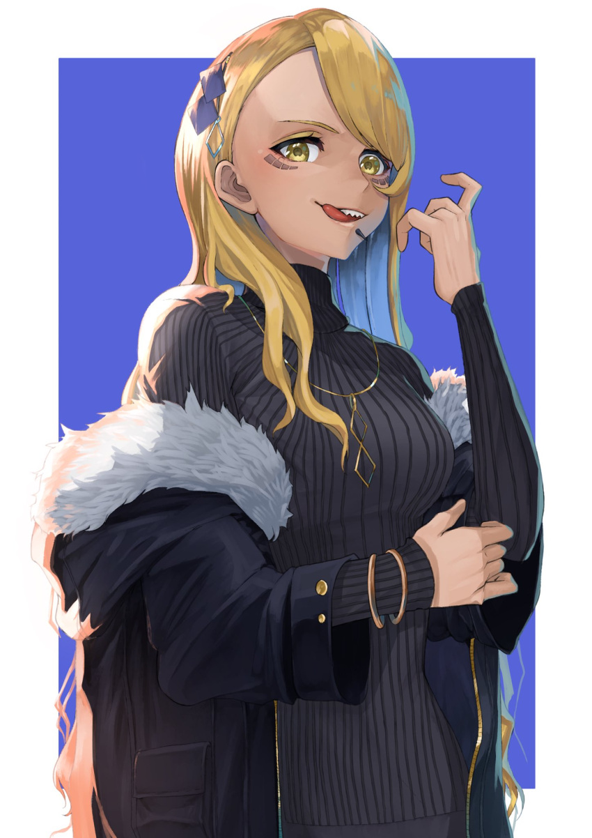1girl alternate_costume bangs black_jacket black_sweater blonde_hair blue_background border bracelet casual commentary_request contemporary facial_mark fate/grand_order fate_(series) fur-trimmed_jacket fur_trim hair_ornament highres jacket jewelry kugatunohito licking_lips lip_piercing long_hair looking_at_viewer necklace off-shoulder_jacket off_shoulder open_clothes open_jacket piercing ribbed_sweater sharp_teeth solo sweater swept_bangs teeth tongue tongue_out turtleneck turtleneck_sweater upper_body very_long_hair vritra_(fate) white_border yellow_eyes