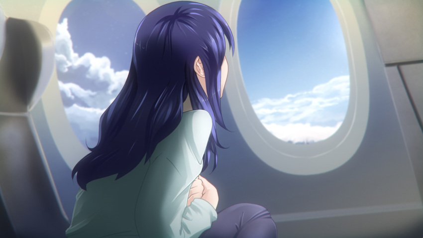 1girl aircraft airplane airplane_interior artist_request bangs blue_sky clouds cloudy_sky dark_blue_hair day everlasting_summer from_side game_cg grey_shirt highres long_hair long_sleeves samantha_reed_smith shirt sitting sky solo upper_body window