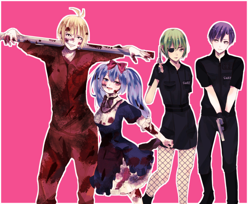 2boys 2girls bangs black_eyepatch black_gloves blood blood_on_clothes blood_on_face blue_bow blue_dress blue_hair border bow commentary_request dress eyepatch feet_out_of_frame fishnet_legwear fishnets gloves green_hair grin gun highres holding holding_gun holding_weapon layered_dress leg_up long_hair looking_at_viewer multiple_boys multiple_girls mutsuki_tooru over_shoulder pink_background police police_uniform purple_hair red_bow red_neckwear red_shirt sharp_teeth shiny shiny_hair shirazu_ginshi shirt short_hair short_sleeves simple_background smile swat teeth tokyo_ghoul tokyo_ghoul:re toukaairab twintails uniform urie_kuki weapon weapon_over_shoulder white_border white_dress yonebayashi_saiko