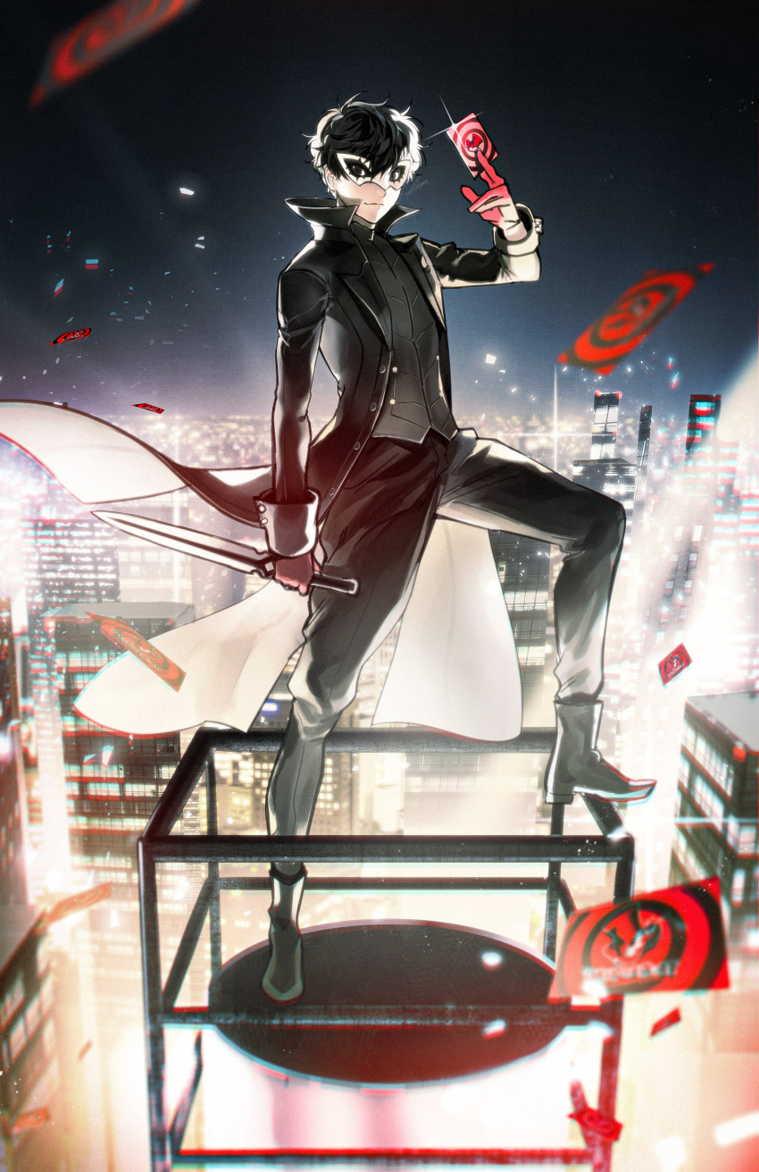 1boy absurdres amamiya_ren bangs black_coat black_eyes black_footwear black_hair black_pants boots btmr_game building calling_card city closed_mouth coat dagger gloves hair_between_eyes high_collar highres holding holding_weapon knife long_sleeves male_focus mask night outdoors pants persona persona_5 red_gloves signature solo sparkle weapon