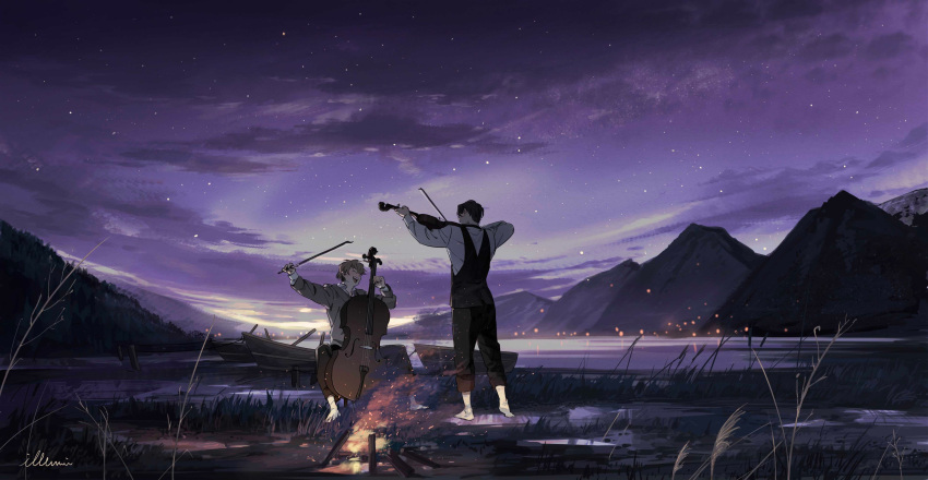 2boys absurdres artist_name bangs barefoot black_hair black_pants blonde_hair boat campfire closed_eyes clouds field fire grass guitar happy highres holding holding_instrument illumi999 instrument light looking_at_another mountain multiple_boys music night night_sky open_mouth original pale_skin pants playing playing_instrument shirt short_hair signature sitting sky smile standing star_(sky) starry_sky sweater violin water watercraft white_shirt white_sweater wood