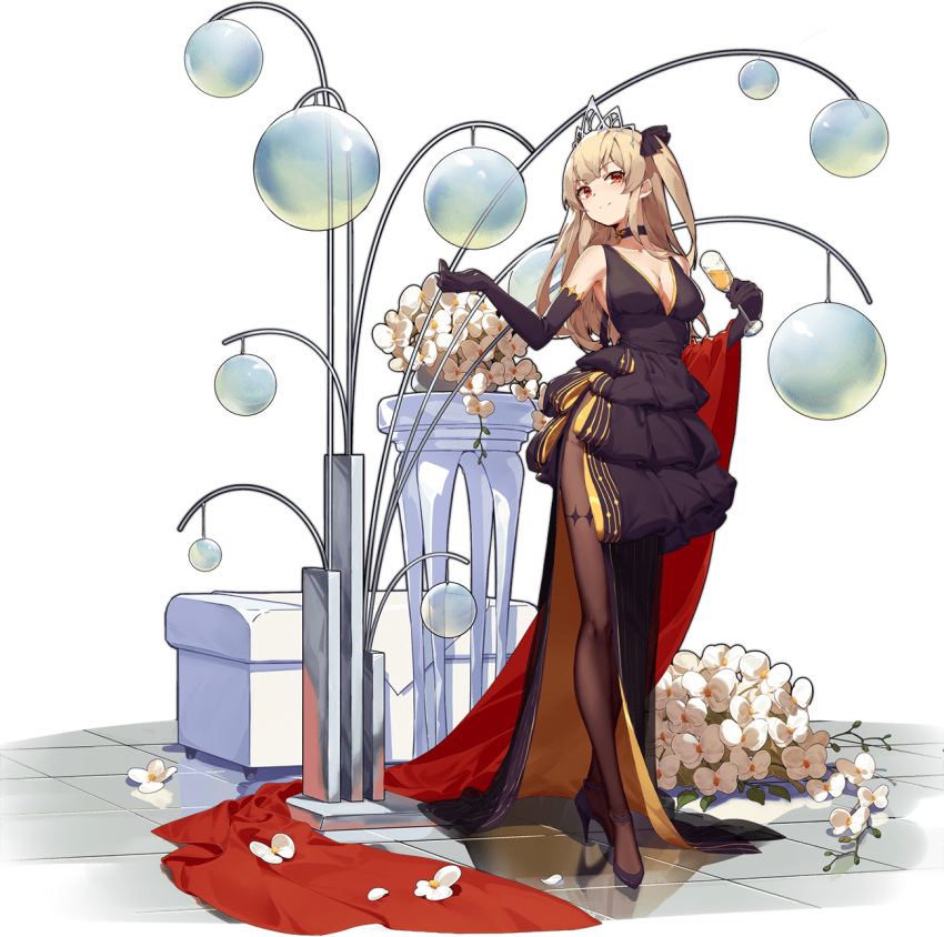 1girl ark_order artist_request bangs black_bow black_choker black_dress black_footwear black_gloves black_legwear bow champagne_flute choker crown cup dress drinking_glass elbow_gloves evening_gown flower full_body gloves hair_bow high_heels highres holding holding_cup long_hair official_art pantyhose sculpture shoes solo tachi-e thor_(ark_order) transparent_background two_side_up vase white_flower