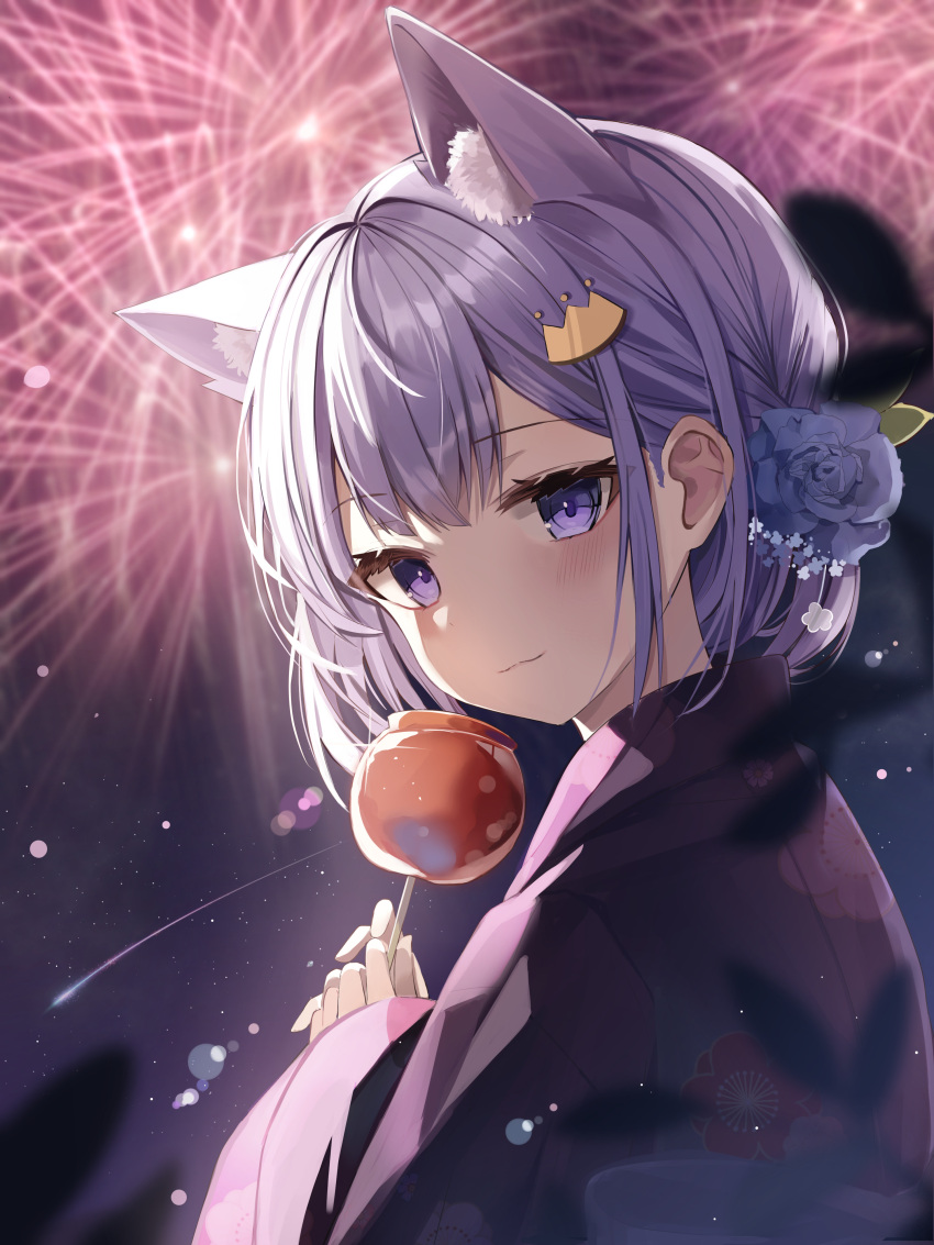 1girl :3 absurdres animal_ear_fluff animal_ears bangs blush candy_apple cat_ears closed_mouth commentary_request eyebrows_visible_through_hair fireworks floral_print flower food from_side hair_flower hair_ornament highres holding holding_food japanese_clothes kimono long_sleeves looking_at_viewer looking_to_the_side nannung night night_sky original outdoors print_kimono purple_flower purple_hair purple_kimono short_hair sky smile solo violet_eyes yukata