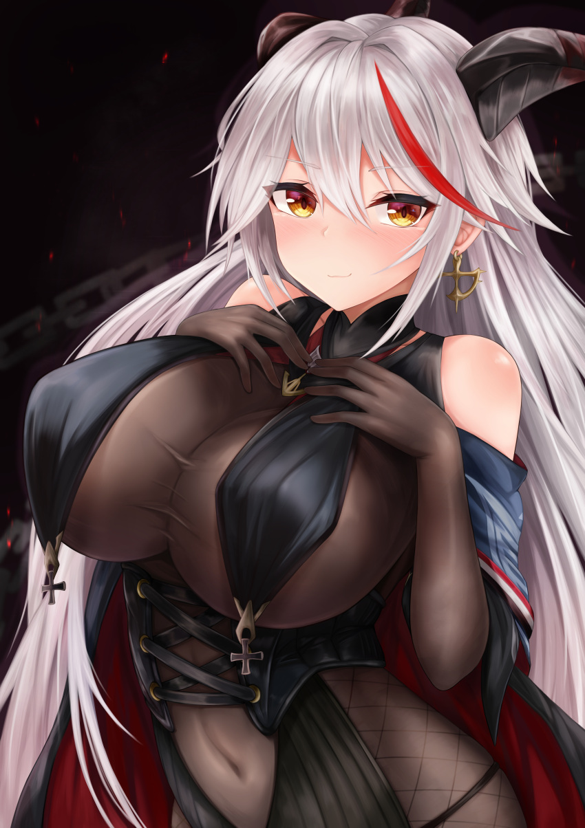 1girl absurdres aegir_(azur_lane) azur_lane bare_shoulders black_cape bodystocking breast_curtains breasts cape covered_navel cross cross-laced_clothes cross_earrings demon_horns earrings eyebrows_visible_through_hair hair_between_eyes hands_on_own_chest highres horns huge_breasts impossible_clothes iron_cross jewelry long_hair looking_at_viewer multicolored_hair redhead ryara solo streaked_hair taut_clothes two-tone_hair underbust very_long_hair white_hair yellow_eyes