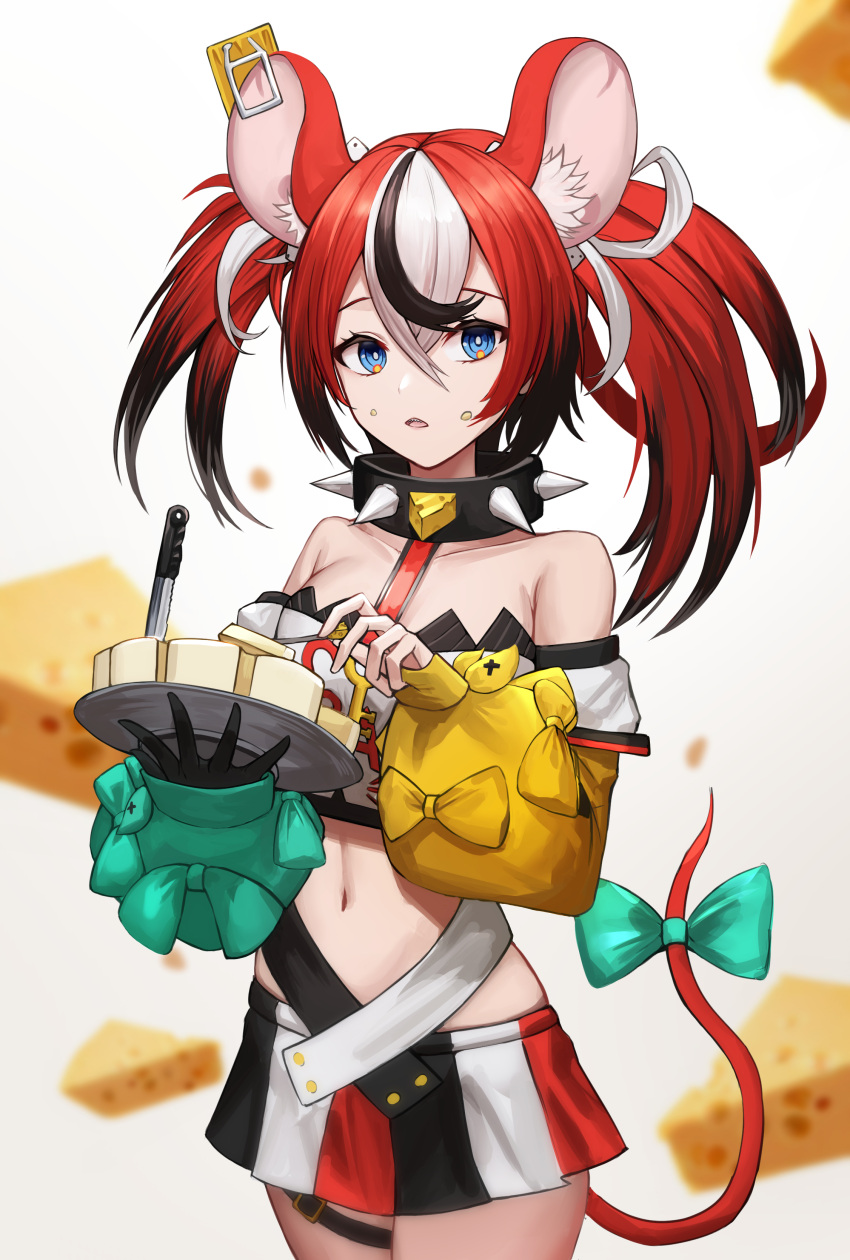1girl absurdres animal_ears asymmetrical_hair bare_shoulders black_hair blue_eyes cheese collar collarbone detached_sleeves dice_hair_ornament food hair_ornament hakos_baelz highres hololive hololive_english knife long_hair mea_(hwaksal) midriff miniskirt mouse_ears mouse_girl mouse_tail multicolored_hair navel redhead skirt solo spiked_collar spikes strapless tail tubetop twintails virtual_youtuber white_background white_hair
